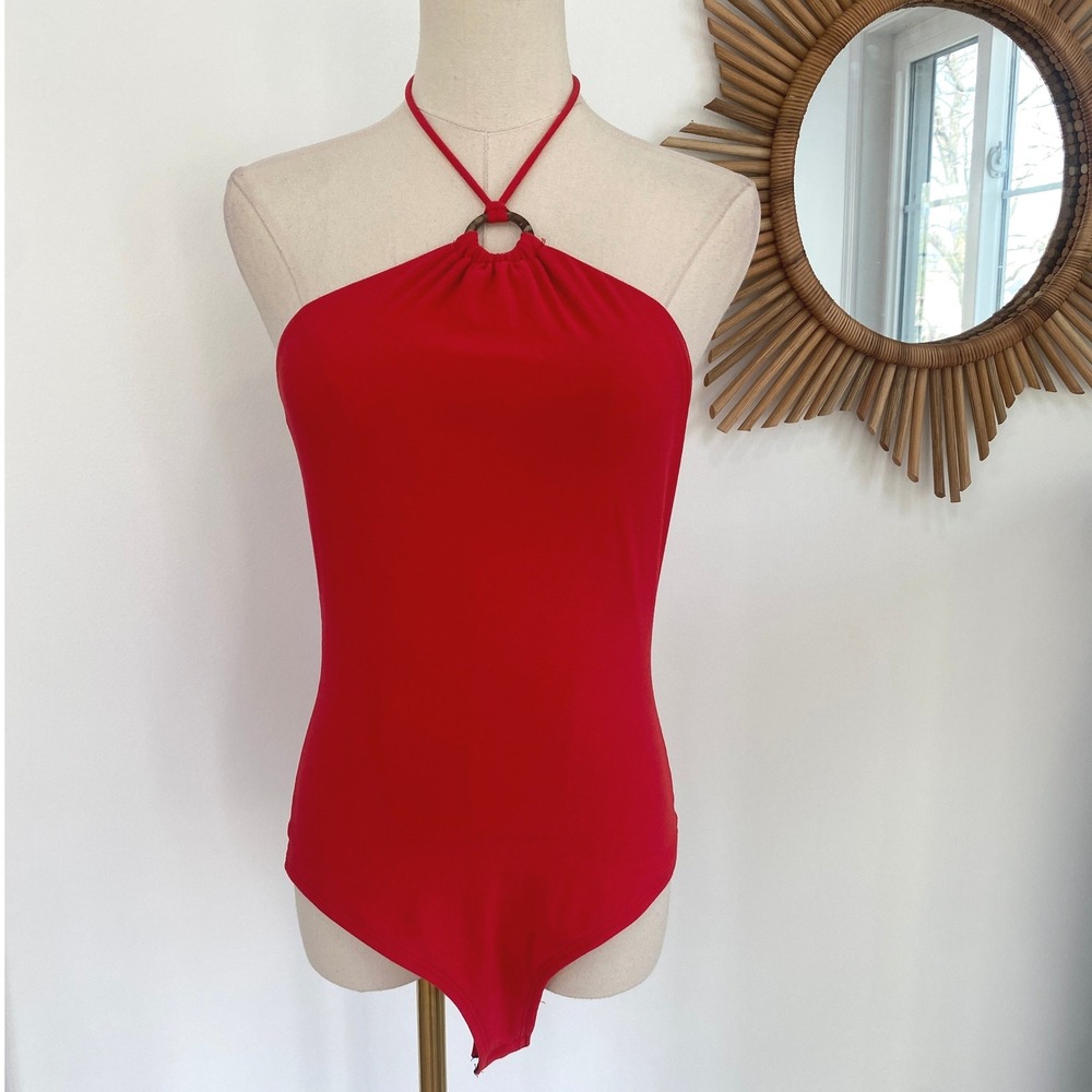 Lulus Suit Your Flair Red Orange O-Ring Halter Bodysuit Small Soft - Picture 4 of 12